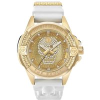 Gold Philipp Plein men's watch with skull design on black dial, white strap, and gold-tone bezel.