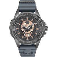 Grey Philipp Plein men's watch with skull design on dial, textured bezel, and grey strap.