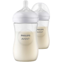 Two Philips Avent Natural Response baby bottles, 260 ml, with white caps and clear bodies.