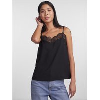 Black lace top with thin straps and scalloped neckline, worn by a model with long hair, paired with blue jeans.