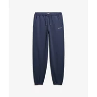 Navy blue women's sweatpants by Superdry with elastic waistband, drawstring, and cuffed ankles.