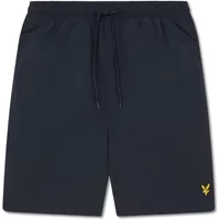 Navy blue Lyle & Scott swim shorts with drawstring waist and yellow eagle logo on the left leg.