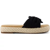Black TOMS Abby platform sandals with woven jute sole and bow detail on strap.