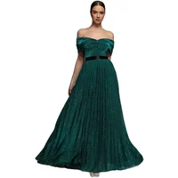 Emerald green Goddiva Bardot pleated dress, off-shoulder design with a fitted waist and flowing skirt.