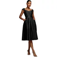 Black pleated midi dress with cap sleeves and square neckline, featuring a crushed texture by Goddiva.