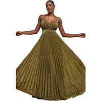 Gold pleated lurex trapeze maxi dress with deep V-neck and spaghetti straps.