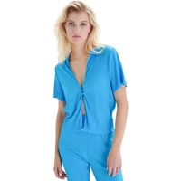 Blue pleated short-sleeve shirt with button front and collar, worn by a model, from 24 Colours collection.