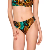 Pleated women's bikini bottom in emerald green with floral pattern and high-cut leg design by Luna.