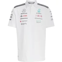 White Adidas polo with Mercedes logos, black shoulder stripes, and sponsor logos on chest and sleeves.
