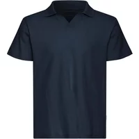 Navy blue short-sleeve polo shirt with a classic collar and a smooth, plain design.