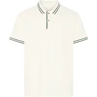 White polo shirt with green striped collar and sleeve edges, buttoned placket, short sleeves, by Blend.