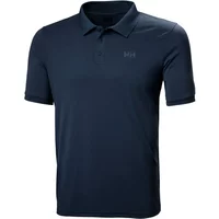 Navy blue Helly Hansen polo shirt with short sleeves, buttoned collar, and subtle logo on chest.