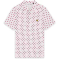 White Lyle & Scott golf polo with pink argyle pattern and embroidered logo on chest.