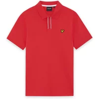Red Lyle & Scott polo shirt with yellow eagle logo on chest, short sleeves, and buttoned collar.