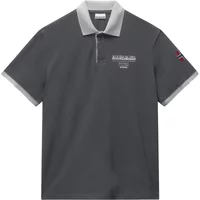 Gray Napapijri polo shirt with light gray collar, embroidered logo on chest, and small flag patch on sleeve.