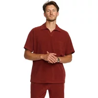 Maroon Polo Revolution Terry shirt with short sleeves and a relaxed fit, worn by a standing model.