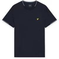 Navy blue Lyle & Scott polo shirt with yellow eagle logo on chest and fine point detailing on sleeves and collar.
