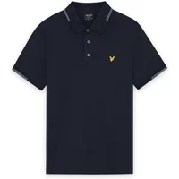 Navy blue polo shirt with grey piping, buttoned collar, and yellow Lyle & Scott logo on the chest.