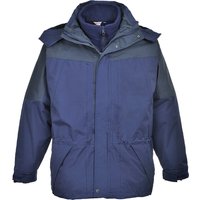 Navy Portwest Aviemore 3-in-1 jacket with detachable inner layer, front zipper, and adjustable hood, size M.
