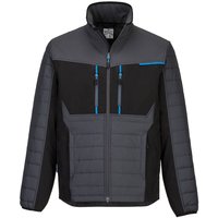 Grey Portwest Baffle Jacket, quilted design, black panels, blue zipper accents, high collar, size XL.