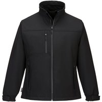 Black Portwest Charlotte Ladies Softshell jacket, medium size, with zippered chest and side pockets, high collar.