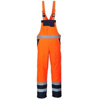 Orange Portwest Contrast Bib & Brace, 3XL, with reflective stripes, navy accents, and adjustable shoulder straps.