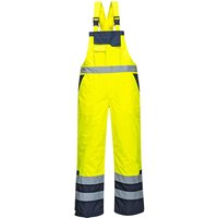 Yellow Portwest Contrast Bib & Brace with reflective stripes, navy accents, and adjustable straps, size XL.
