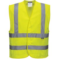Yellow Portwest hi-vis vest with gray reflective stripes, sleeveless, S/M size, open front design.