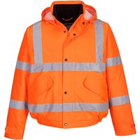 Orange Portwest Hi-Vis Bomber Jacket, reflective stripes, hooded, front pockets, size M.