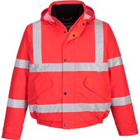 Red Portwest Hi-Vis Bomber Jacket with reflective stripes, hood, and front pockets, size L.