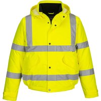 Yellow Portwest Hi-Vis Bomber Jacket with reflective silver stripes and hood, size L.