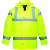 Yellow Portwest hi-vis jacket with reflective silver stripes, hood, and front buttons, size L.