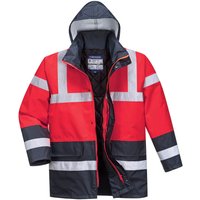 Red and navy Portwest hi-vis traffic jacket with reflective stripes, hood, and zip closure.
