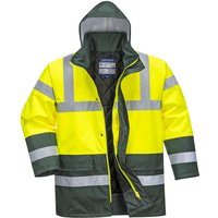 Yellow and green Portwest hi-vis contrast traffic jacket with reflective stripes and hood, size M.