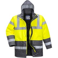 Yellow and grey Portwest hi-vis traffic jacket with reflective stripes, hood, and quilted lining, size M.