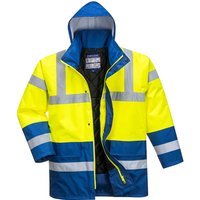 Yellow and royal blue hi-vis traffic jacket with reflective stripes, hood, and quilted lining, size XL by Portwest.