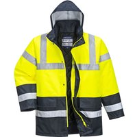 Yellow Portwest hi-vis traffic jacket with reflective stripes, black accents, and hood, size S.