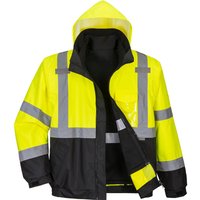 Yellow and black Portwest Hi-Vis 3in1 bomber jacket with reflective stripes and detachable hood, size 3XL.