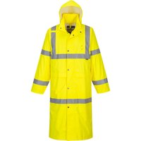 Yellow Portwest Hi-Vis Rain Coat with reflective stripes, hood, and snap buttons, 122cm length, size XL.