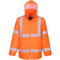 Orange Portwest hi-vis rain jacket with reflective stripes and hood, size L.