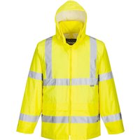 Yellow Portwest hi-vis rain jacket with reflective stripes and hood, size 3XL.