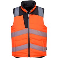Orange and black reversible bodywarmer with reflective stripes and high collar, medium size by Portwest.