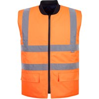 Orange Portwest hi-vis reversible bodywarmer with grey reflective stripes and front pockets, size small.