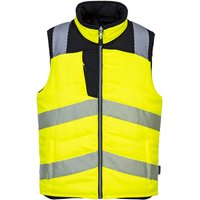 Yellow and black reversible hi-vis bodywarmer, reflective stripes, zip closure, sleeveless, size XL.