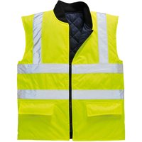 Yellow Portwest Hi-Vis reversible bodywarmer, black quilted interior, reflective stripes, sleeveless, XS size.