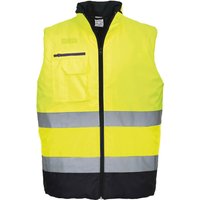 Yellow and navy Portwest hi-vis bodywarmer with zip front, reflective stripes, and chest pocket, size M.