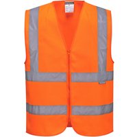 Orange Portwest hi-vis zipped vest, medium size, with reflective silver stripes on front and back.