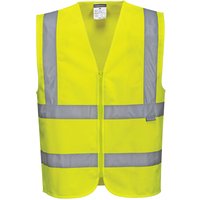 Yellow Portwest hi-vis zipped vest with reflective silver stripes, sleeveless design, and medium size.