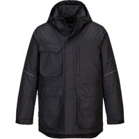 Black Portwest KX3 Parka Jacket, XL, with hood, multiple front pockets, and sleek design.