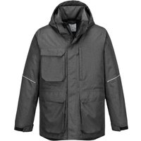 Grey marl Portwest KX3 parka jacket, XL, with hood, multiple front pockets, and reflective sleeve accents.